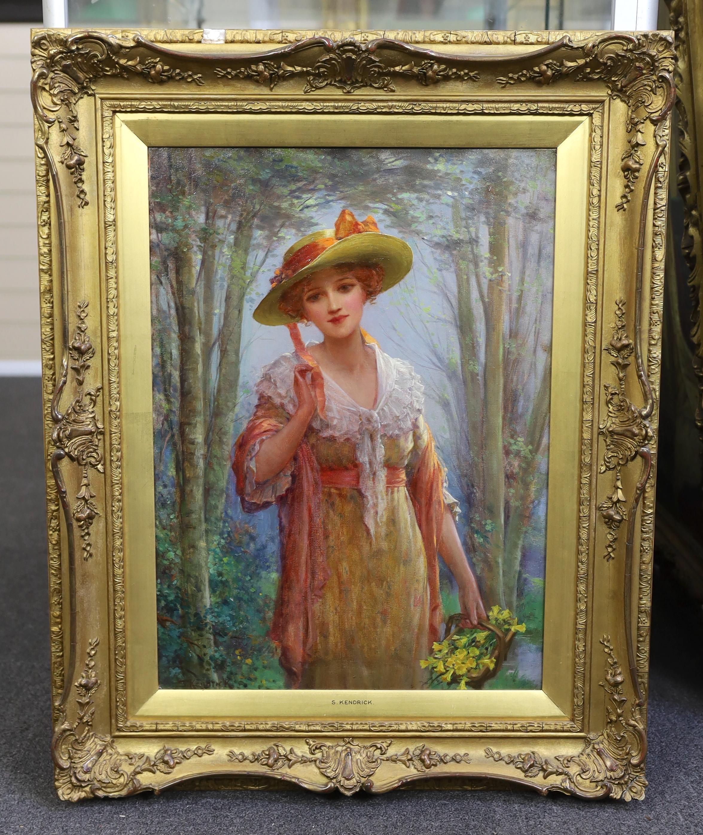 Sydney Percy Kendrick (English, 1874-1955), 'Gathering Daffodils', oil on canvas, 55 x 40cm